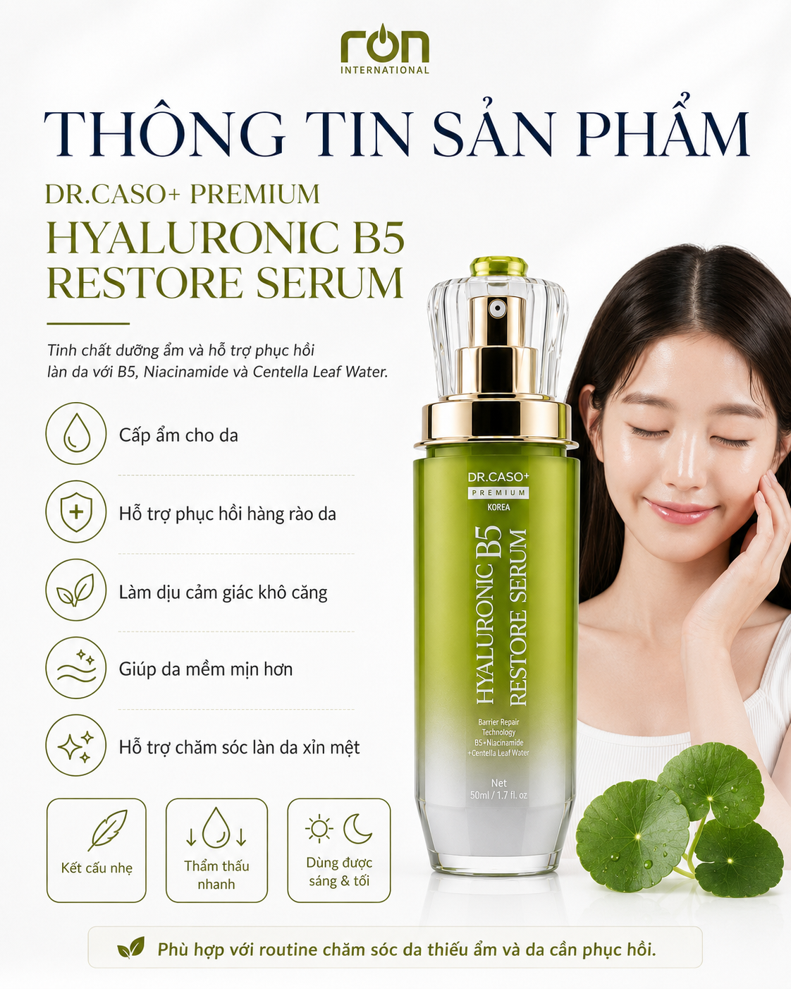DR.CASO+ PREMIUM HYALURONIC B5 RESTORE SERUM/Tinh Chất Phục Hồi Hàng Rào Da B5 – Hyaluronic Đa Tầng Công Nghệ Sinh Học